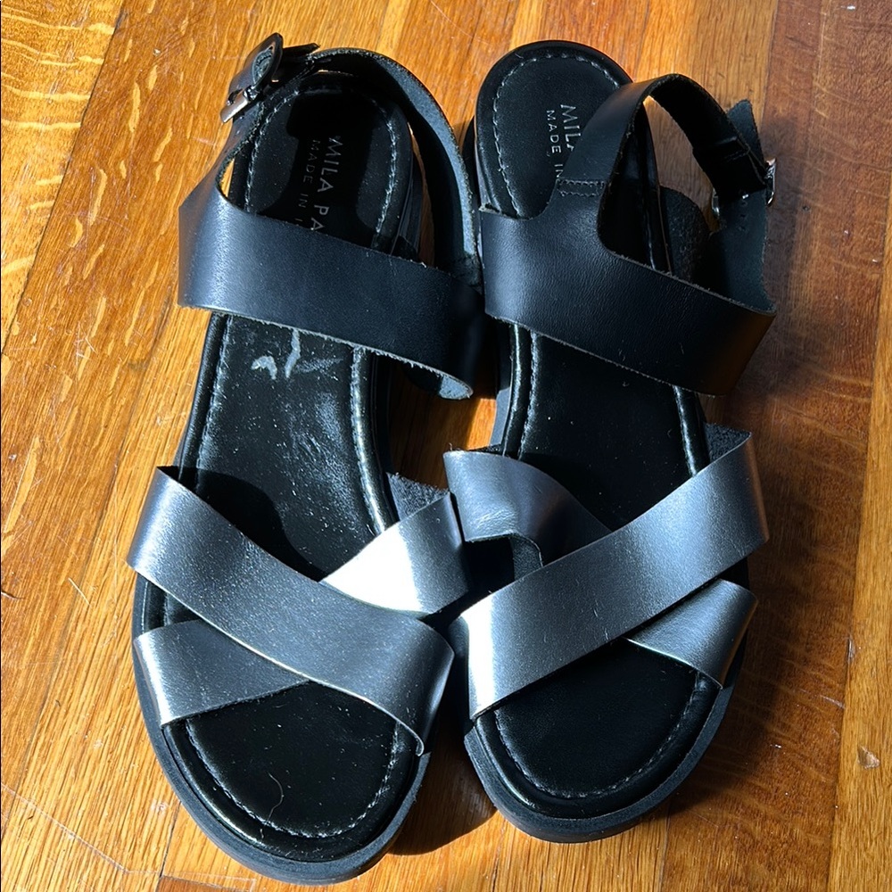 Mila Paoli Black and Silver Sandals with Crisscross Straps